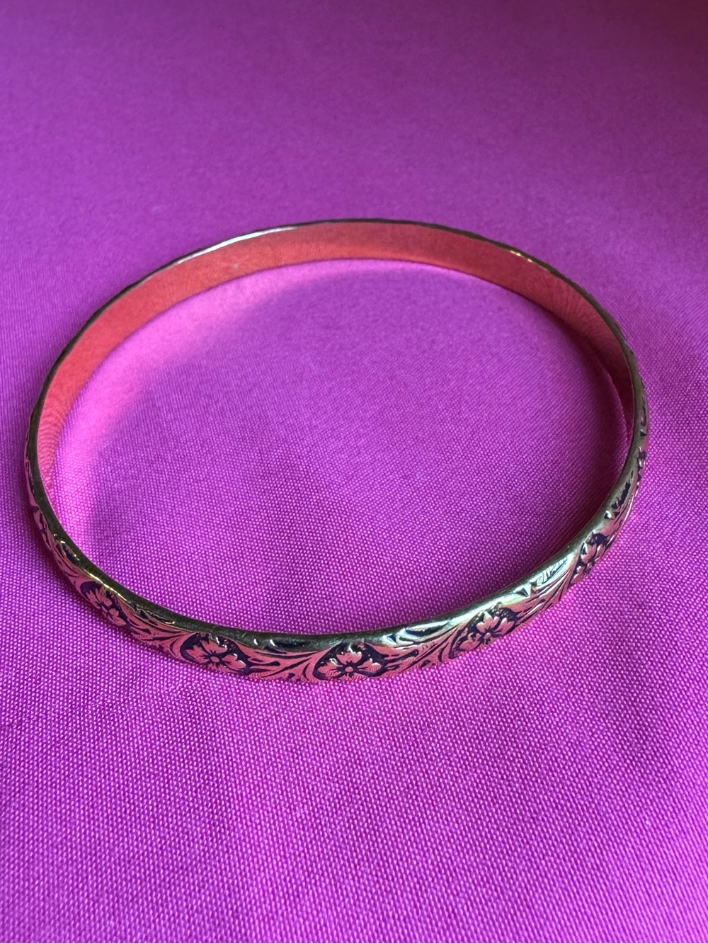 Silver-Tone Floral Engraved Bangle Bracelet - Pink Interior